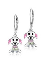 lovely pink enamel dog leverback sterling silver baby earrings